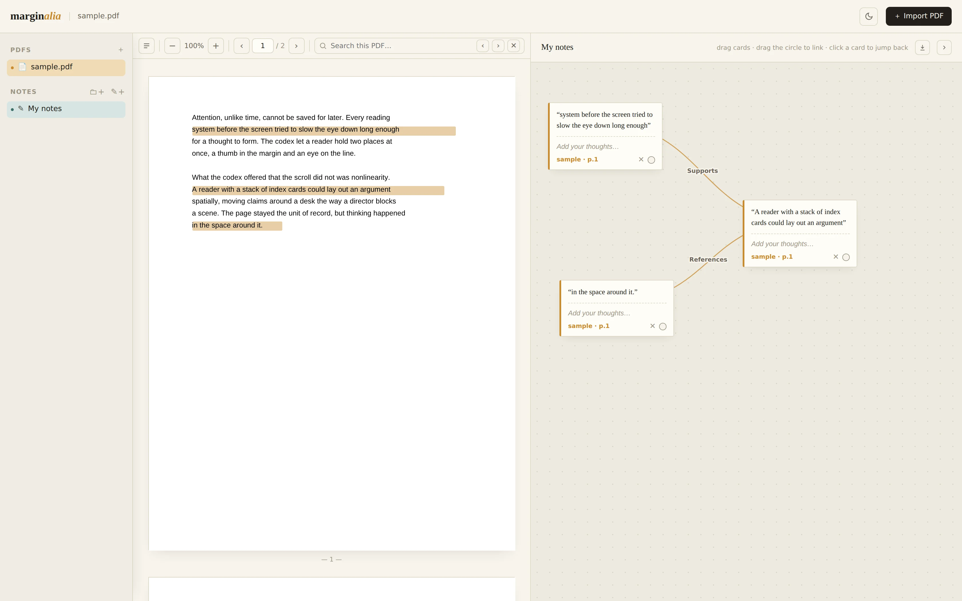 Marginalia showing a PDF open beside a notes canvas with three linked excerpt cards