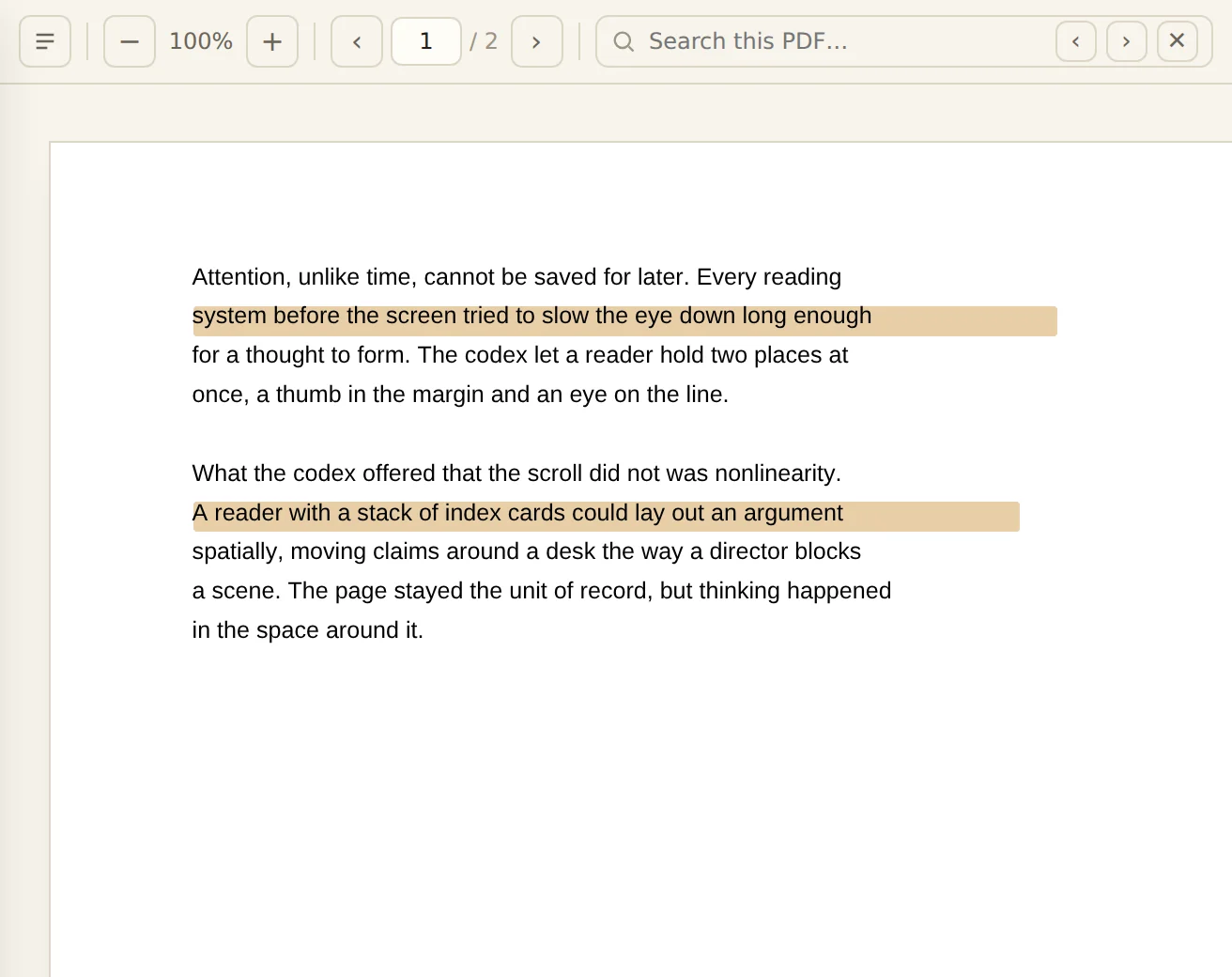 Two passages highlighted in a PDF, ready to be pulled onto the notes canvas